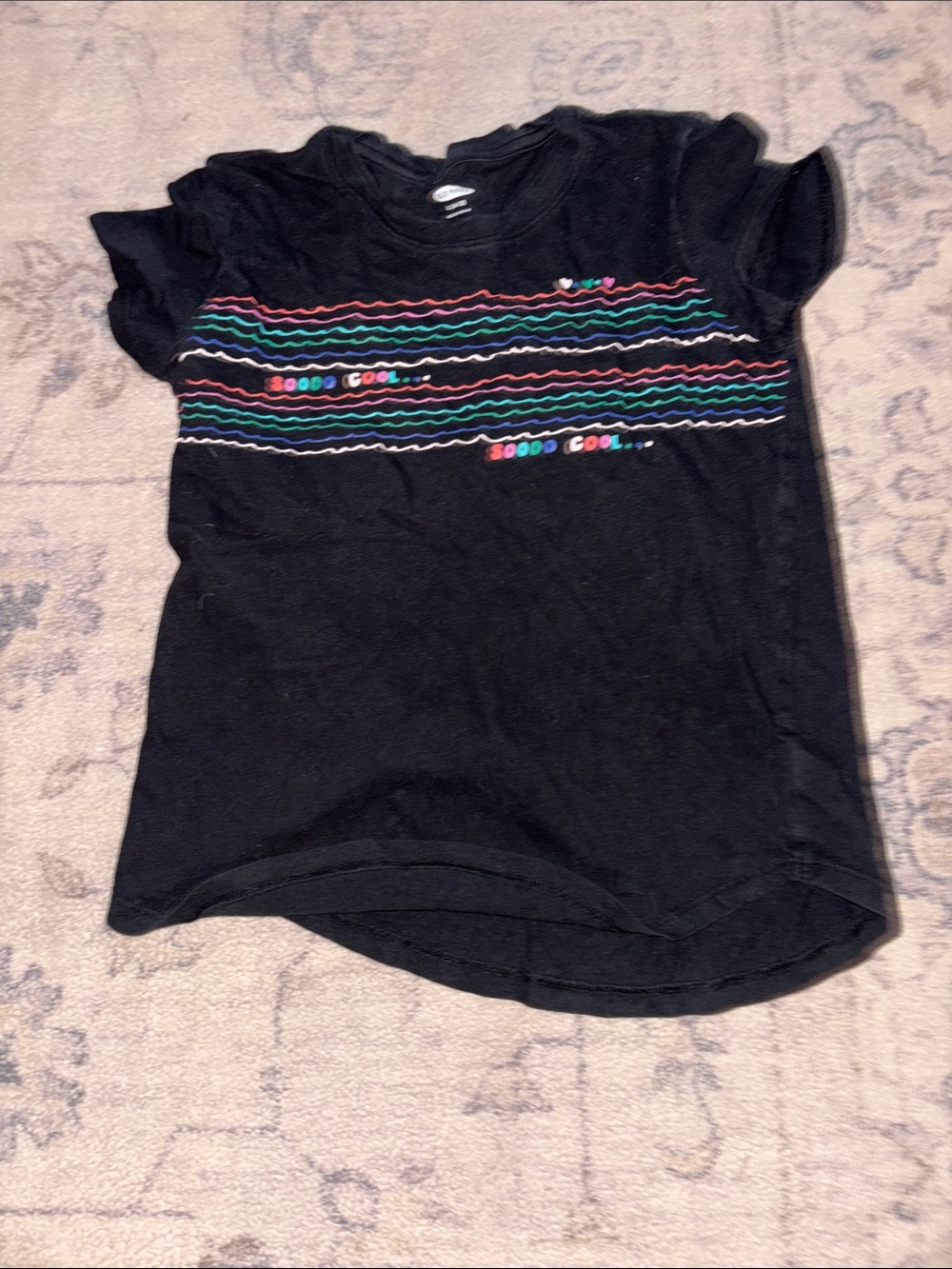 Old Navy Black Tee with Rainbow Wavy Stripes
